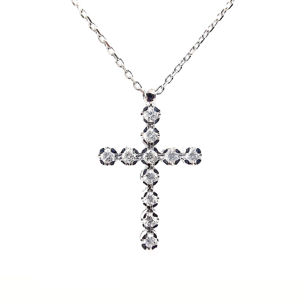 Колие с кръст от бяло злато 14 к. с диаманти