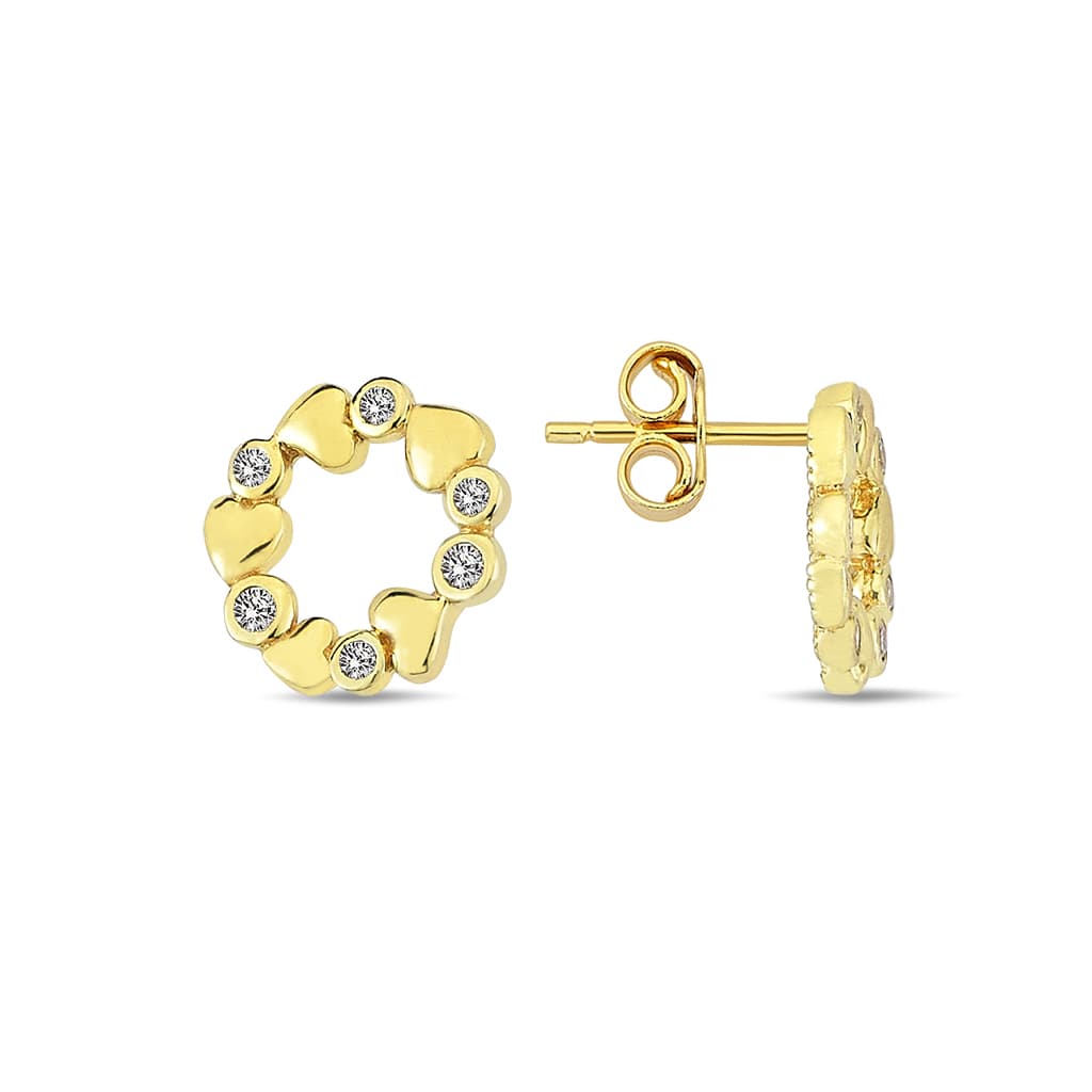 Златни обеци на винт от 14 карата жълто злато с цирконий