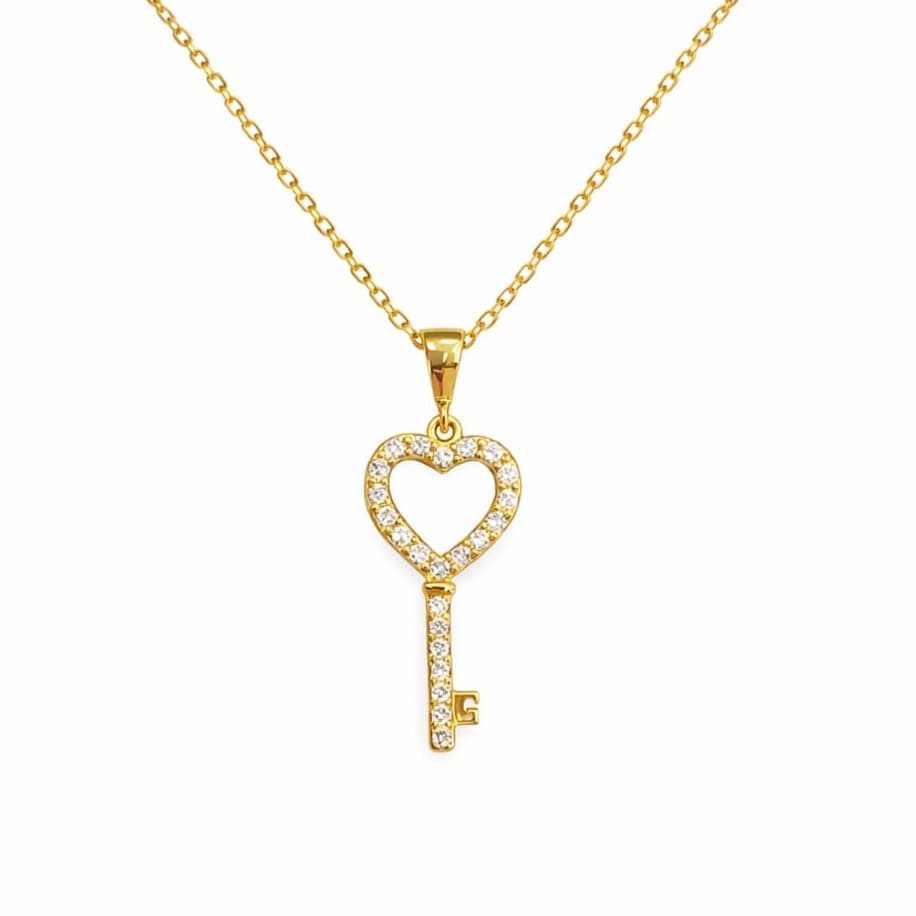 Златно колие ключ със сърце и цирконий
