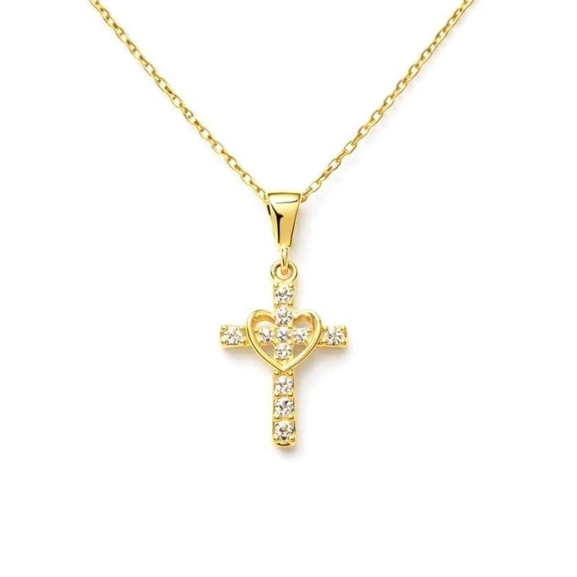 Златно колие кръст със сърце и цирконий