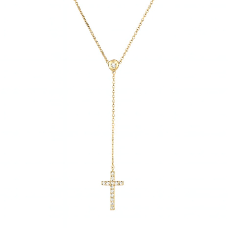 Дамско колие от 14 карата жълто злато с кръст и цирконий