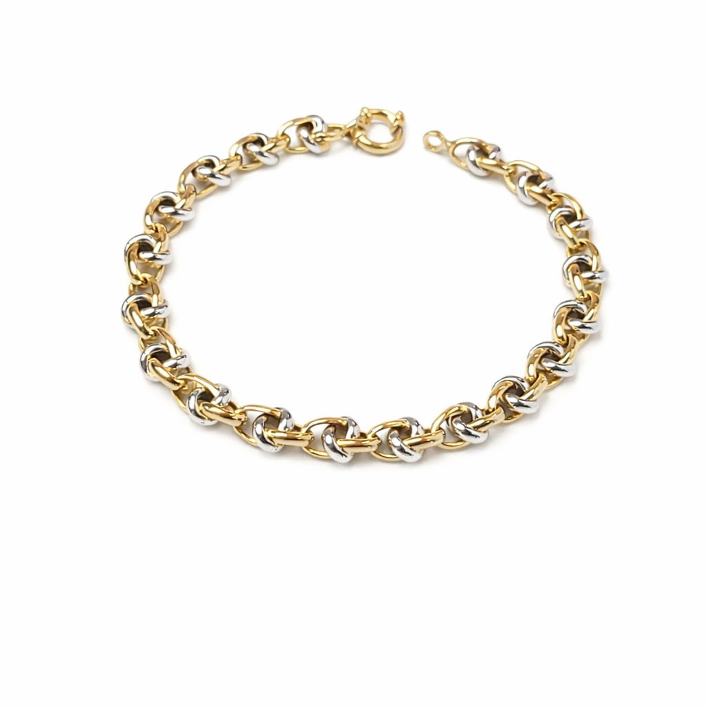 Златна гривна с масивна плетка бяло и жълто злато