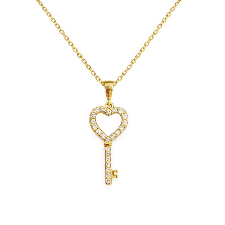 Златно колие ключ със сърце и цирконии